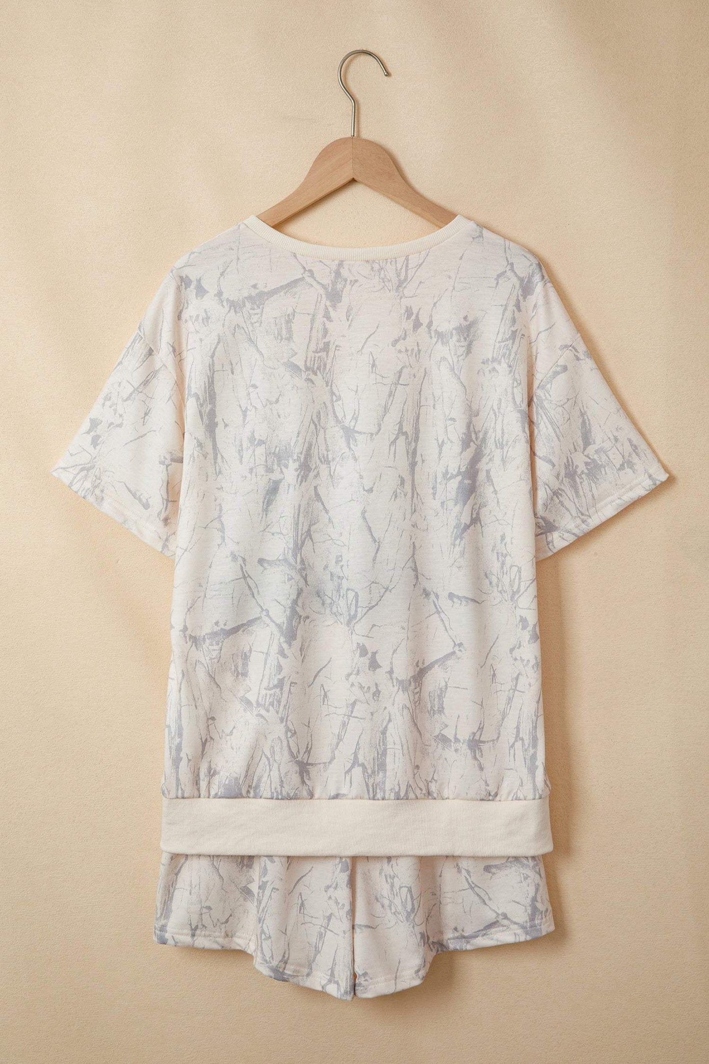 Khaki Abstract Print V Neck Loose Tee Drawstring Shorts 2pcs Outfit