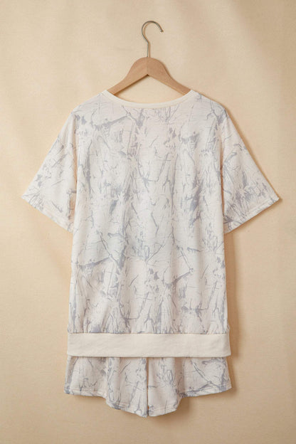 Khaki Abstract Print V Neck Loose Tee Drawstring Shorts 2pcs Outfit