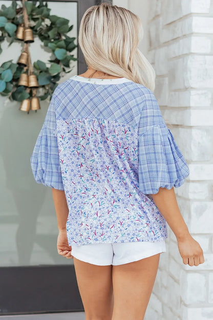 Beau Blue Color Block Plaid Bubble Sleeve Patchwork Blouse - Sweet Fashion Wholesale