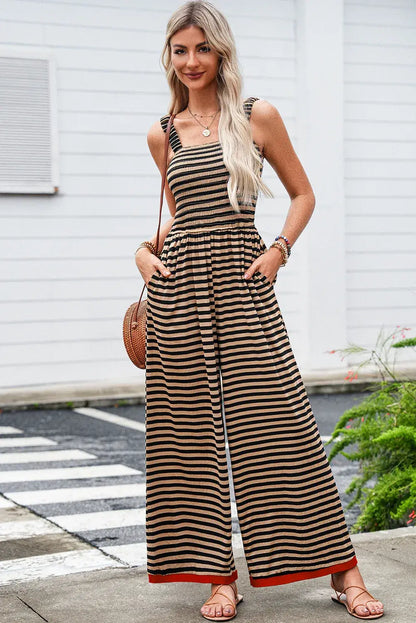 Brown Stripe Square Neck Shirred Wide Leg Jumpsuit - Sweet Fashion Wholesale