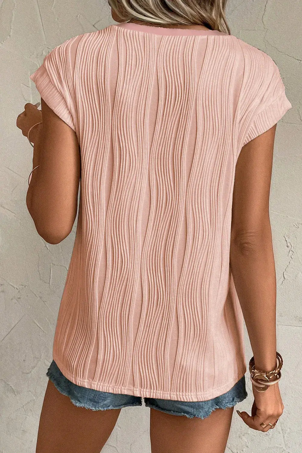 Apricot Wavy Textured Button V Neck Tee - Sweet Fashion Wholesale