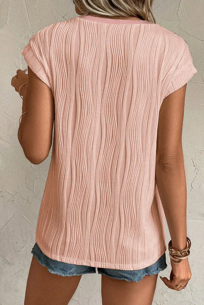Apricot Wavy Textured Button V Neck Tee - Sweet Fashion Wholesale
