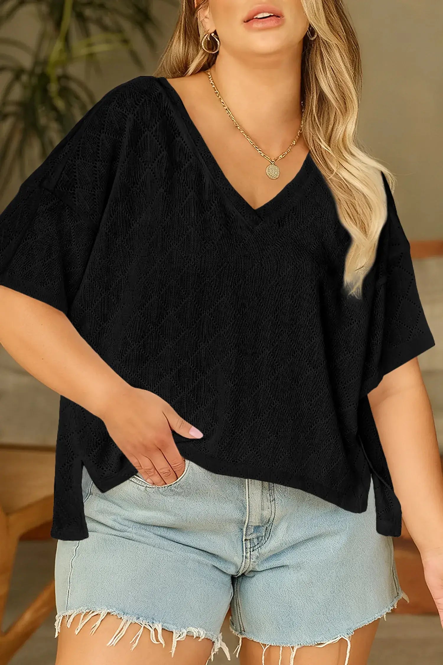 Black Pointelle Rhombus Knit Plus Size V Neck Loose Top - Sweet Fashion Wholesale