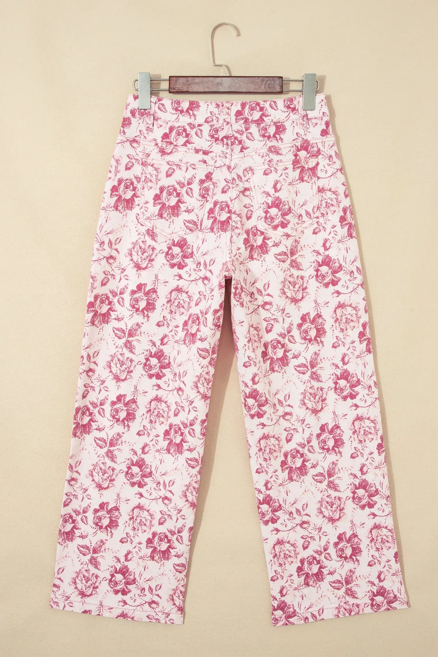 Pink Vintage Floral Print Denim Shift Pants - Sweet Fashion Wholesale