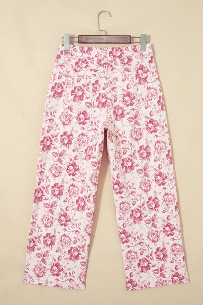 Pink Vintage Floral Print Denim Shift Pants - Sweet Fashion Wholesale