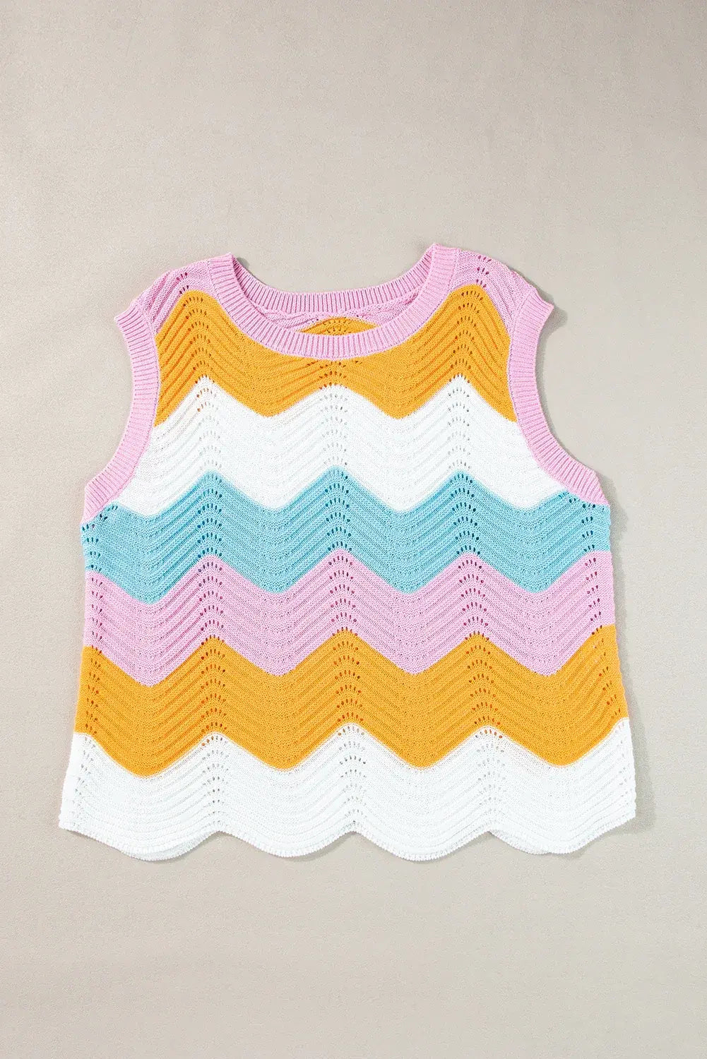 Multicolour Striped Colorblock Scalloped Hem Knitted Vest
