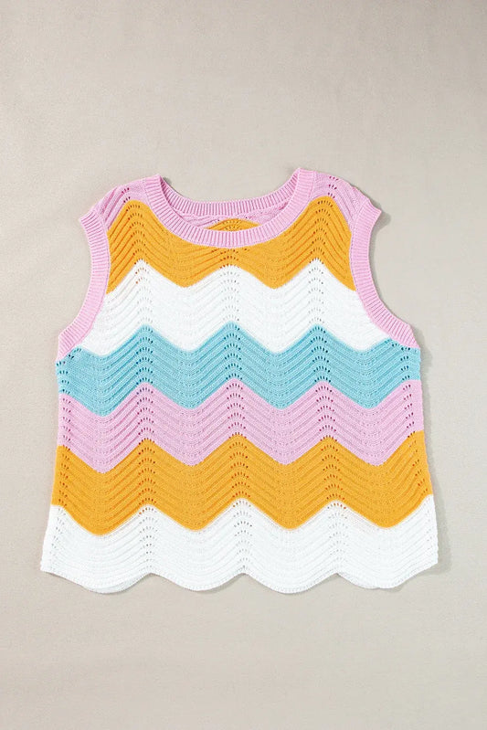 Multicolour Striped Colorblock Scalloped Hem Knitted Vest