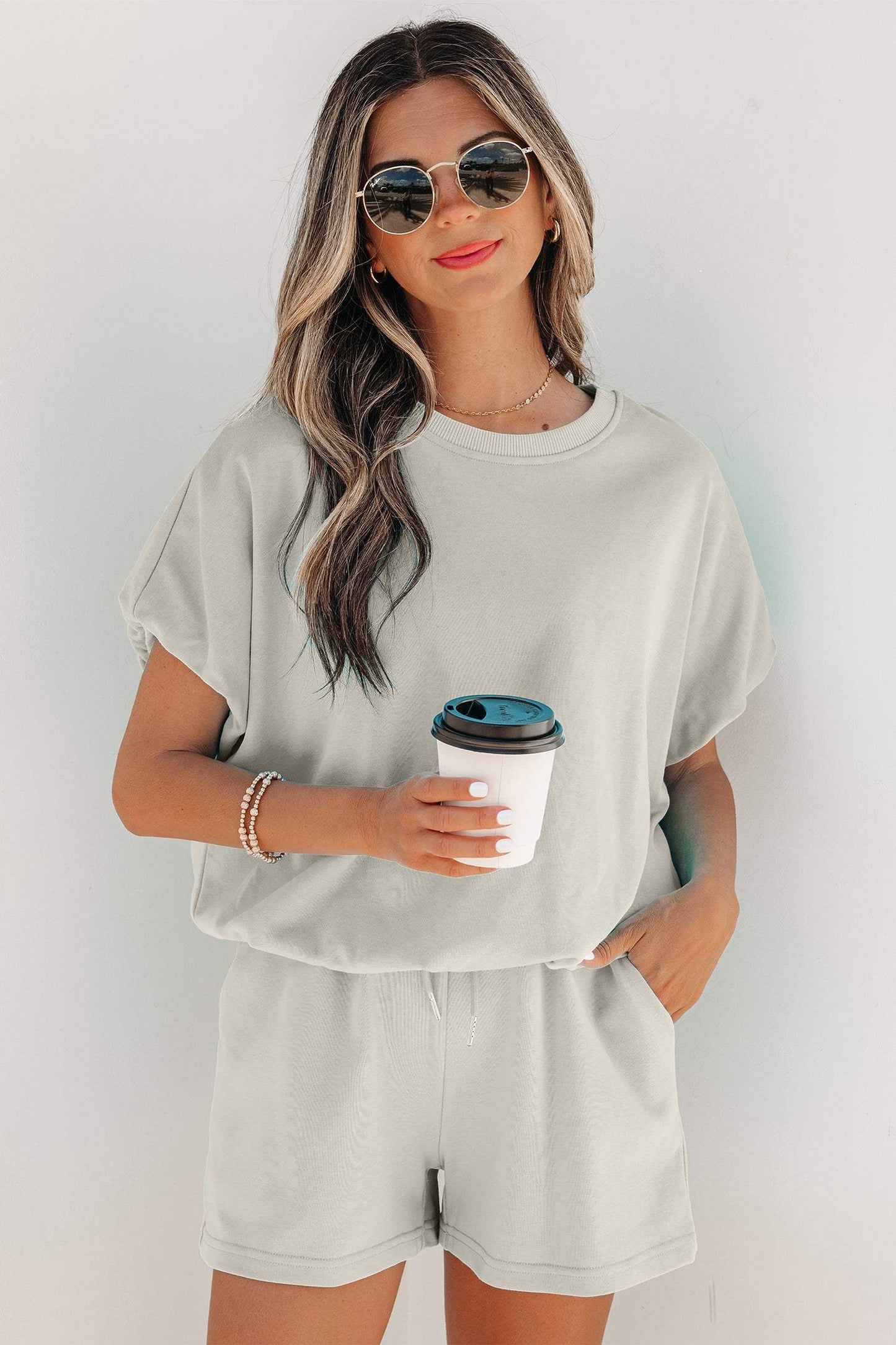 Smoke Gray Solid Color Puffy Loose Top Drawstring Shorts 2pcs Outfit