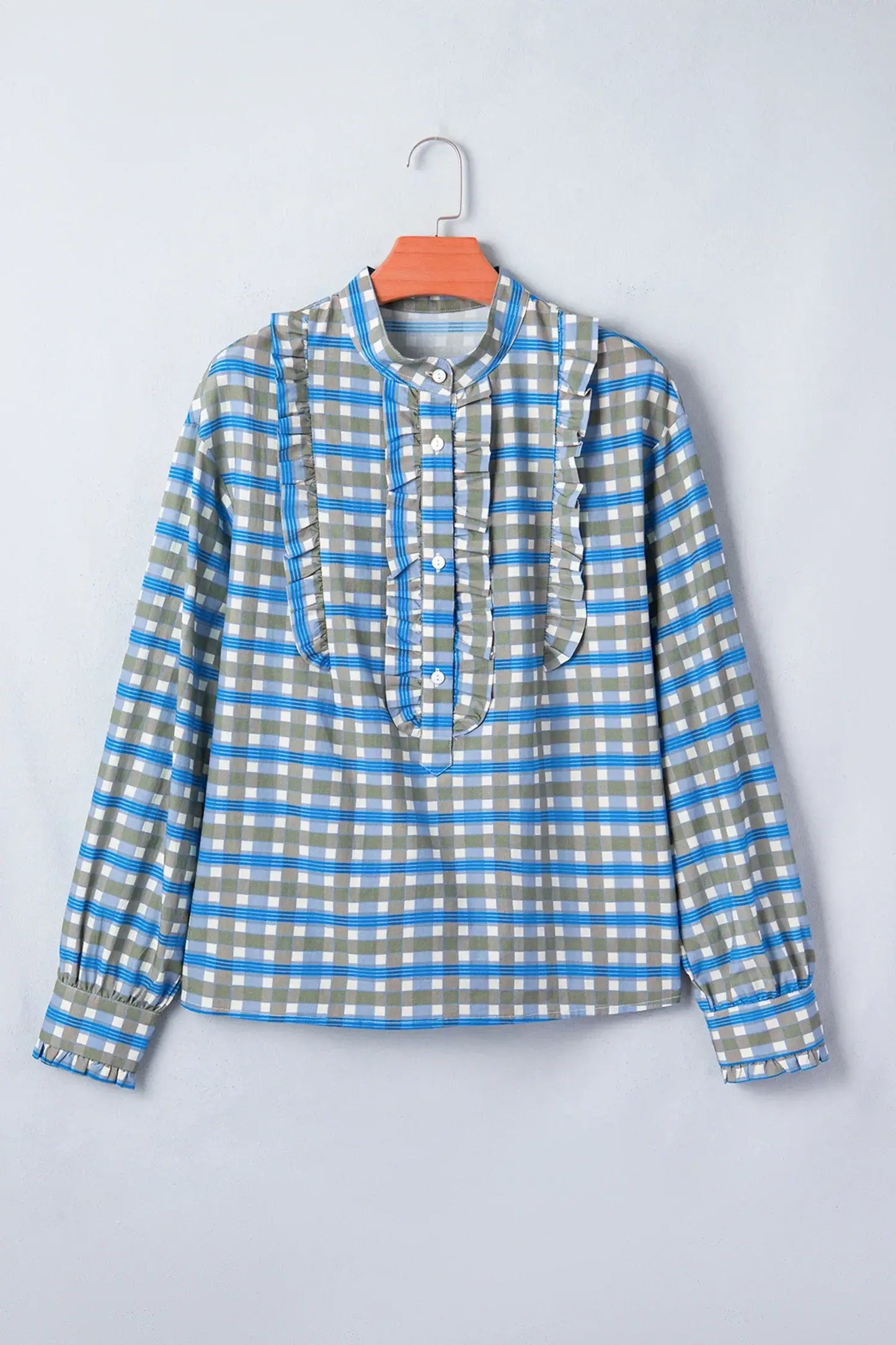 Sky Blue Plaid Long Sleeve Frilled Detail Half Button Blouse - Sweet Fashion Wholesale