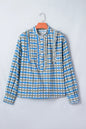 Sky Blue Plaid Long Sleeve Frilled Detail Half Button Blouse - Sweet Fashion Wholesale