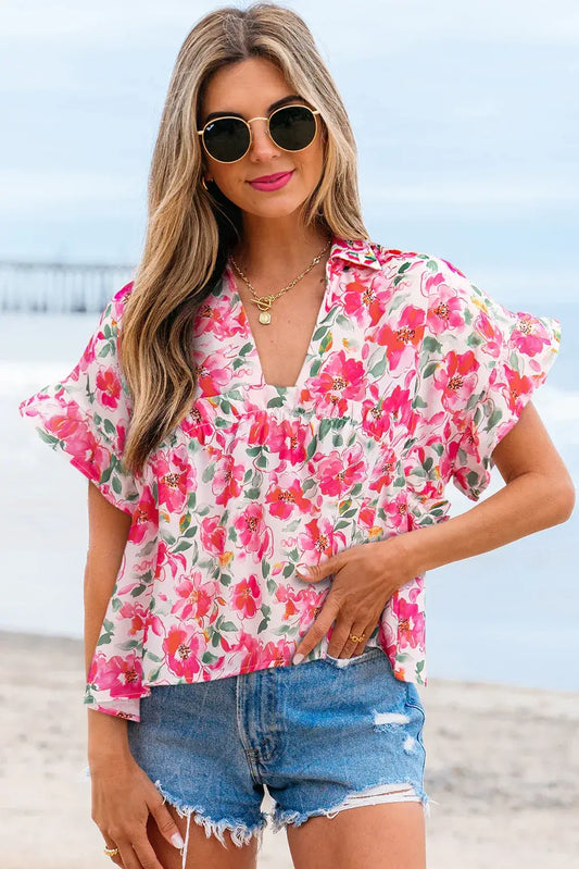 Pink Floral Boxy Fit Ruffled Short Sleeve V Neck Blouse