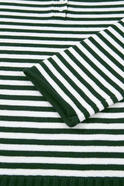 Green Stripe Striped Button Placket Drop Shoulder Long Sleeve Sweater