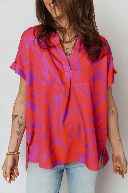 Multicolour Abstract Print V Neck Cuffed Short Sleeve Shift Slit Blouse - Sweet Fashion Wholesale
