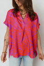Multicolour Abstract Print V Neck Cuffed Short Sleeve Shift Slit Blouse - Sweet Fashion Wholesale