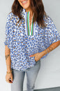 Sky Blue Leopard Color Block Contrast Striped V Neck Half Sleeve Loose Fit Blouse - Sweet Fashion Wholesale