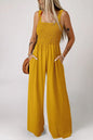 Ginger Smocked Sleeveless Wide Leg Jumpsuit with Pockets - Sweet Fashion Wholesale