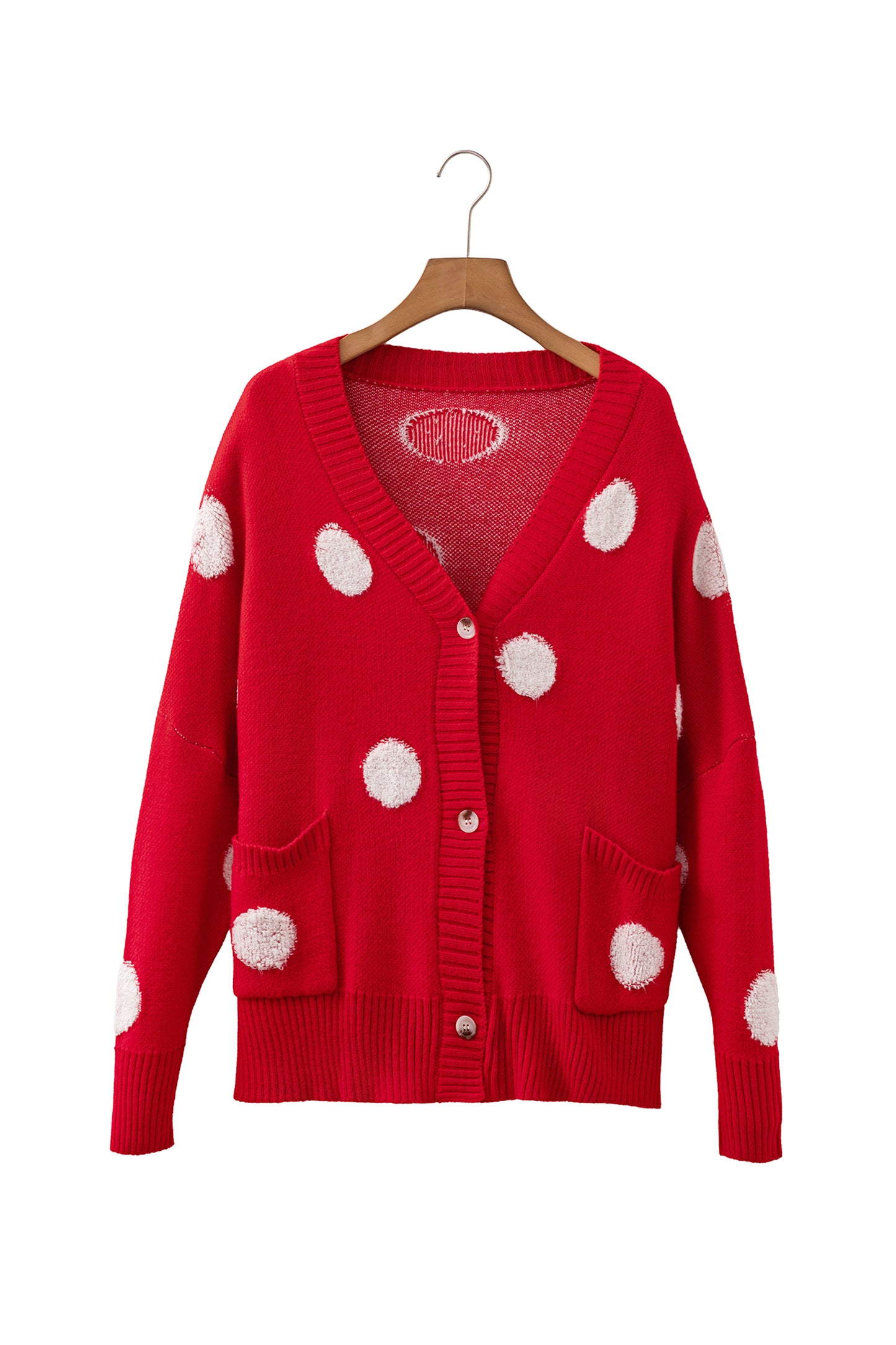 Beige Polka Dot Button Front Oversized V Neck Cardigan