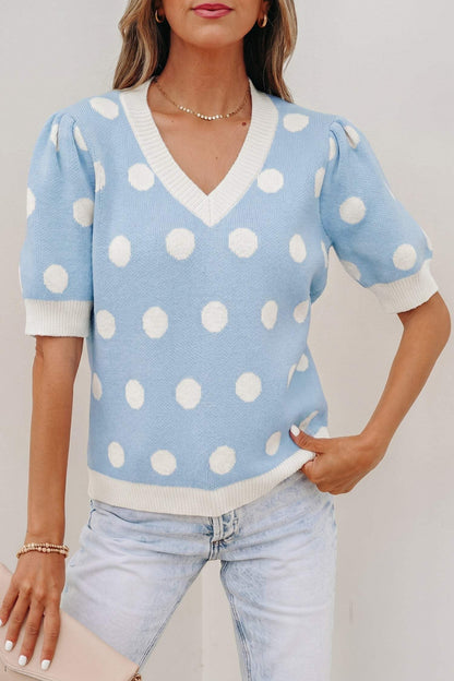 Pink Polka Dot Puff Short Sleeve Sweater Top