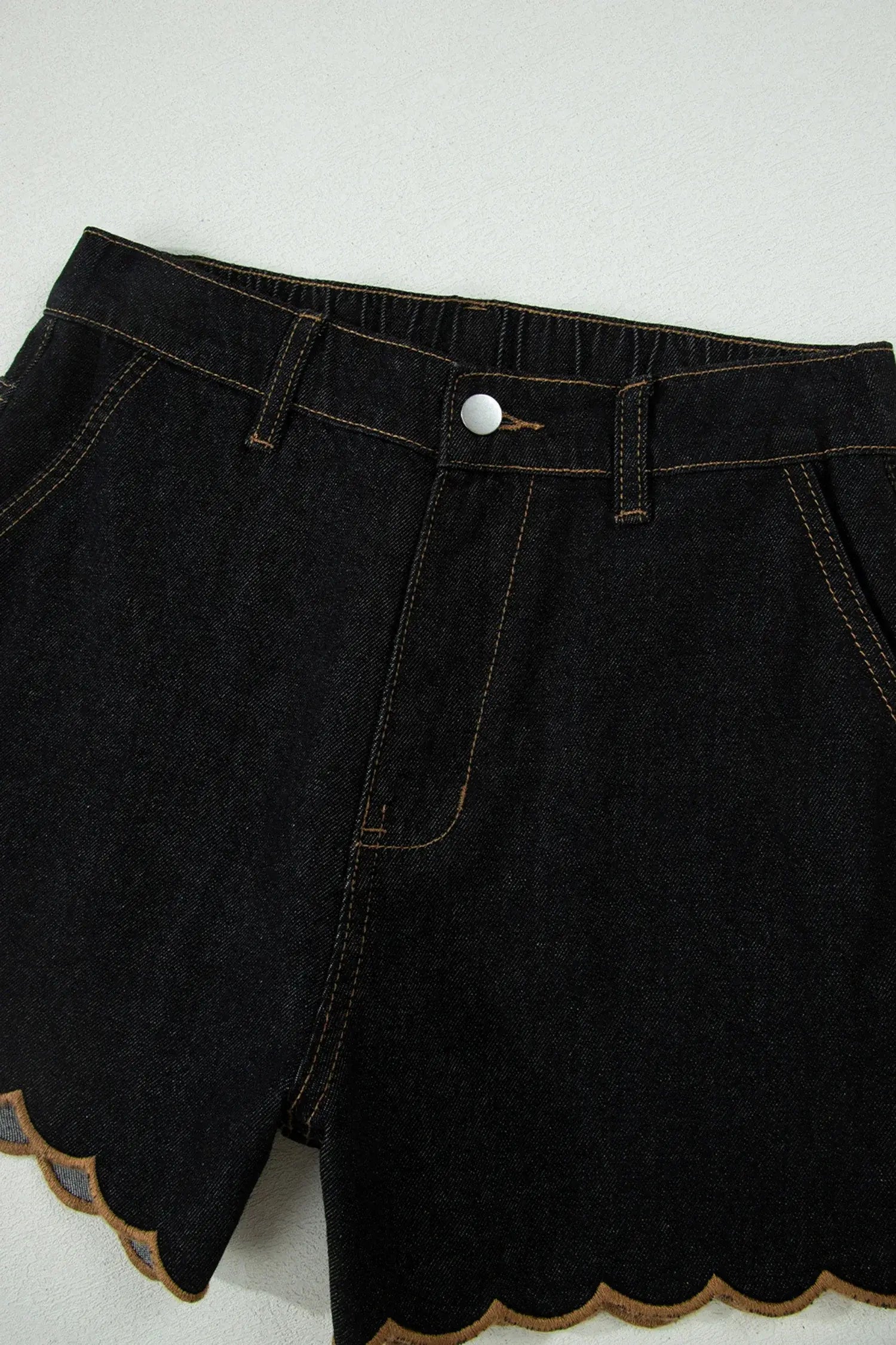 Navy Blue Embroidered Scalloped Trim Relaxed Denim Shorts - Sweet Fashion Wholesale