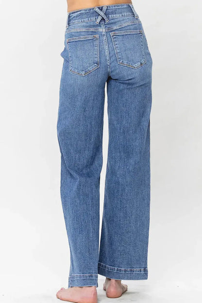 Sky Blue Double Button Zip Fly Straight Leg Jeans - Sweet Fashion Wholesale