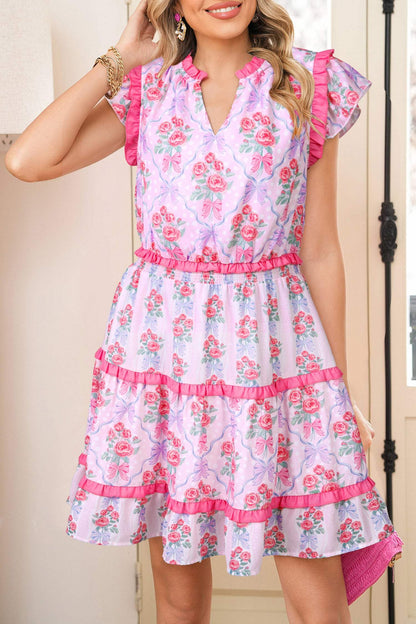 Purple Tiered Ruffles Sleeveless Summer Floral Dress