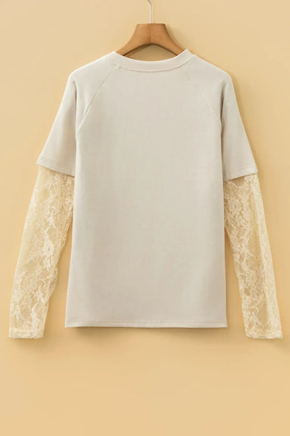 Jet Stream Solid Color Lace Patchwork Long Sleeve T Shirt