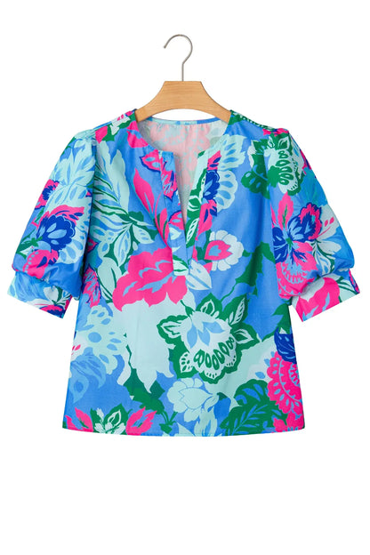 Sky Blue Floral Print V Neck Half Sleeve Blouse - Sweet Fashion Wholesale