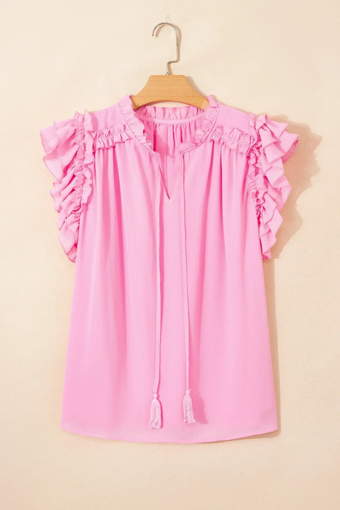 Bonbon Plus Size Textured Tassel Tie V Neck Ruffle Short Sleeve Blouse - Sweet Fashion Wholesale