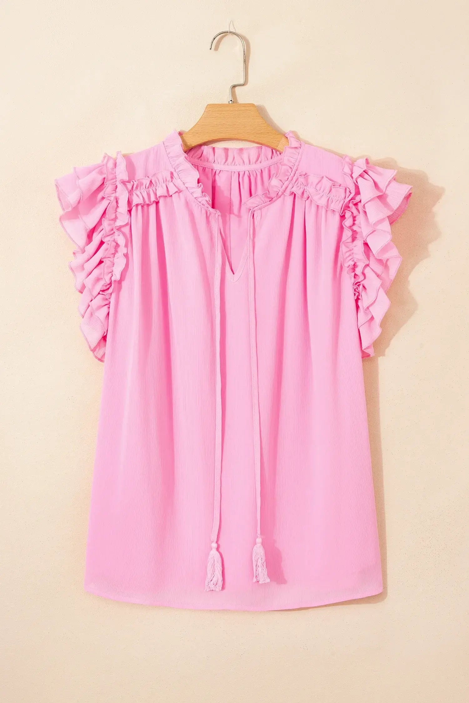 Bonbon Plus Size Textured Tassel Tie V Neck Ruffle Short Sleeve Blouse - Sweet Fashion Wholesale