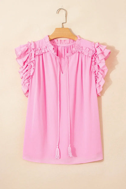 Bonbon Plus Size Textured Tassel Tie V Neck Ruffle Short Sleeve Blouse - Sweet Fashion Wholesale