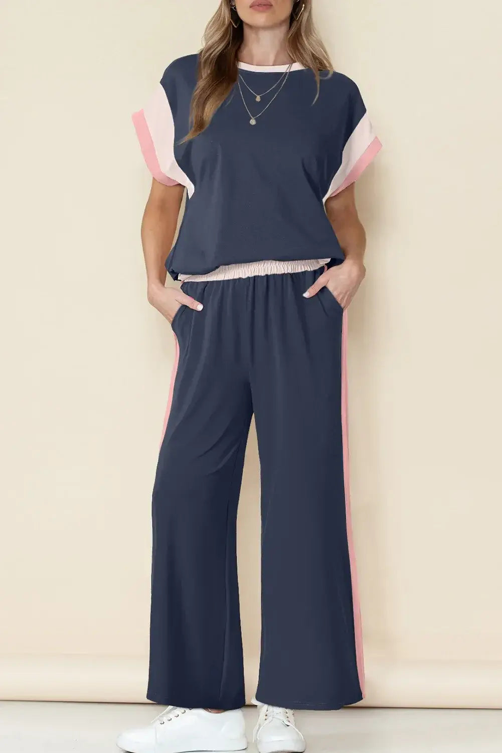 Dark Green Color Block Detail Casual Two-piece Set - Sweet Fashion Wholesale
