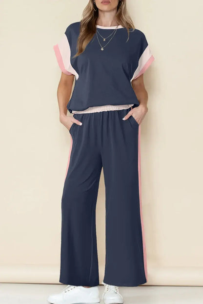Dark Green Color Block Detail Casual Two-piece Set - Sweet Fashion Wholesale