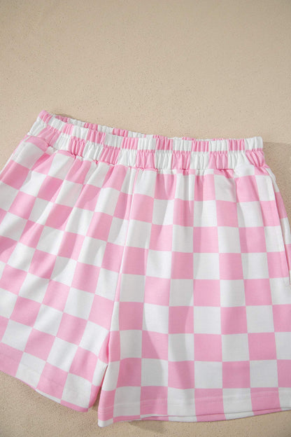 Black Checkered Print Color Block Trim Mock Neck Short Set