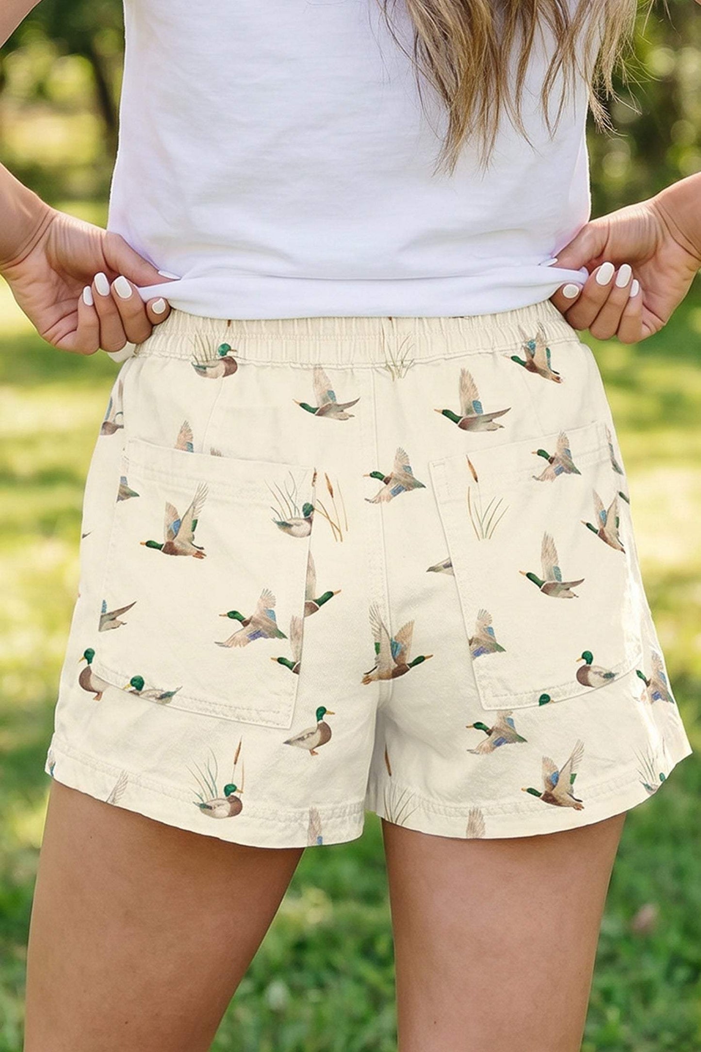 Beige Wild Duck Mallard Printed Drawstring Denim Shorts