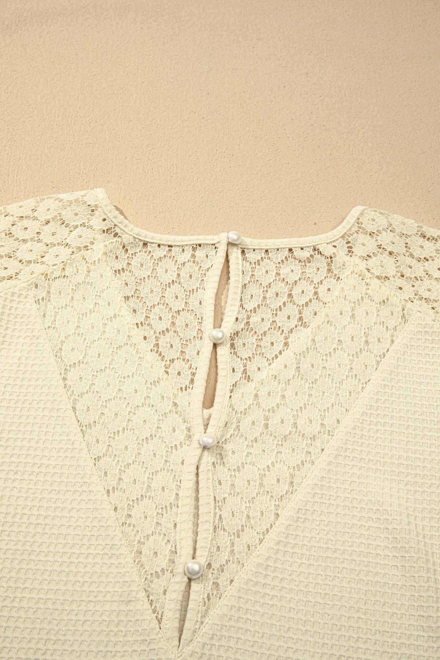 Beige Lace Splicing Button Cutout V Neck Waffle Knit Blouse