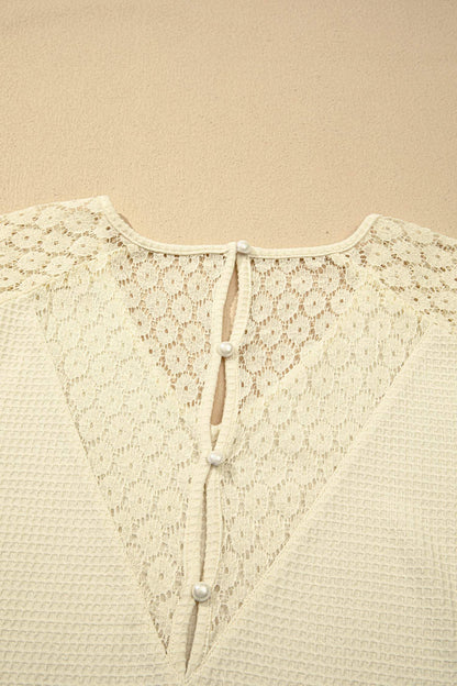 Beige Lace Splicing Button Cutout V Neck Waffle Knit Blouse