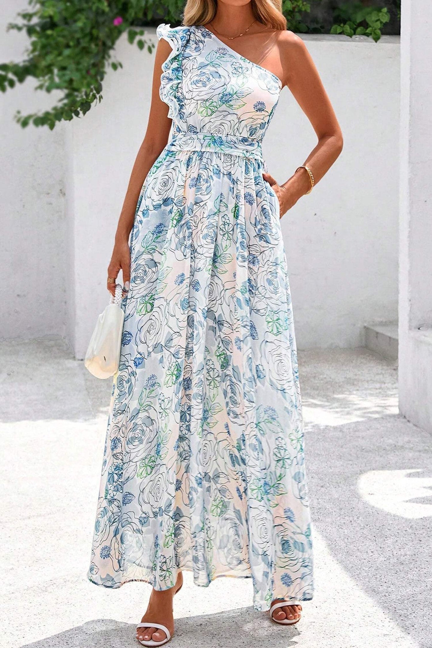 Sky Blue Floral Print Ruffled One Shoulder Vacation Maxi Dress