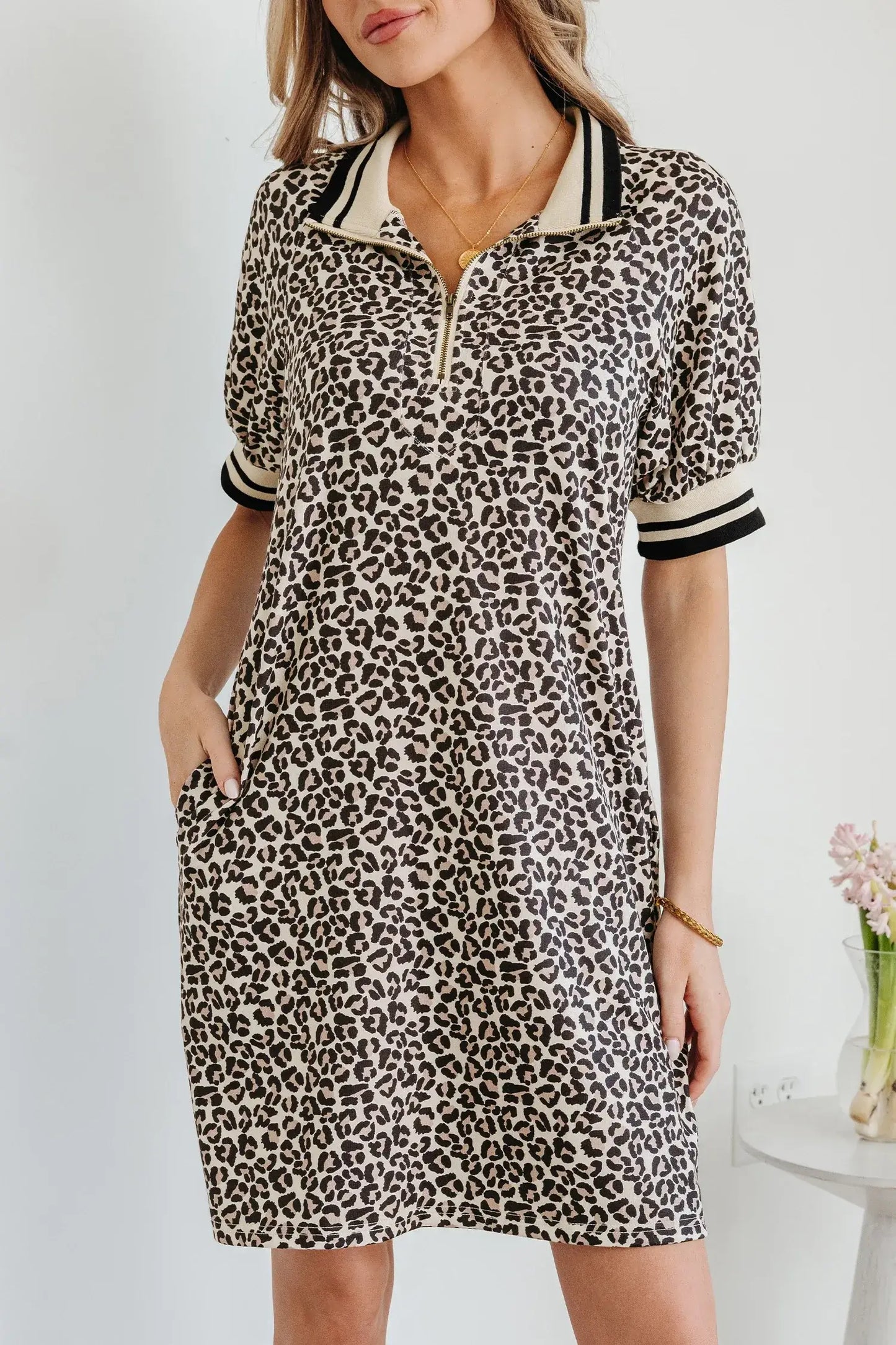 Khaki Leopard Print Zip Neck Striped Webbing Patchwork T Shirt Mini Dress - Sweet Fashion Wholesale