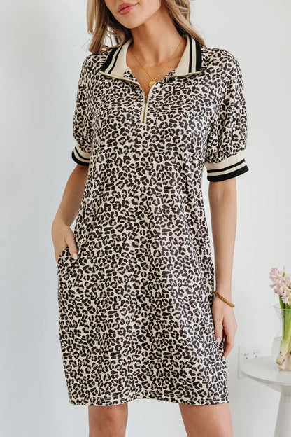 Khaki Leopard Print Zip Neck Striped Webbing Patchwork T Shirt Mini Dress - Sweet Fashion Wholesale