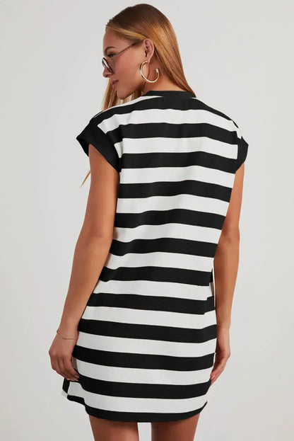 Black Stripe Cap Sleeve Shift T Shirt Dress - Sweet Fashion Wholesale