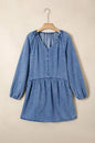 Sky Blue Stripe Raw Edge Drawstring Elastic Waist Casual Denim Shorts