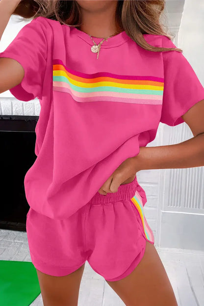 Rose Red Vibrant Striped Detail Athleisure 2pcs Short Set - Sweet Fashion Wholesale
