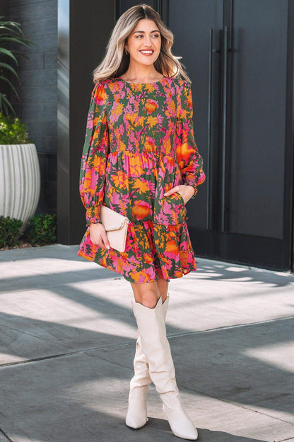 Multicolour Floral Print Long Sleeve Smocked Ruffled Mini Dress - Sweet Fashion Wholesale