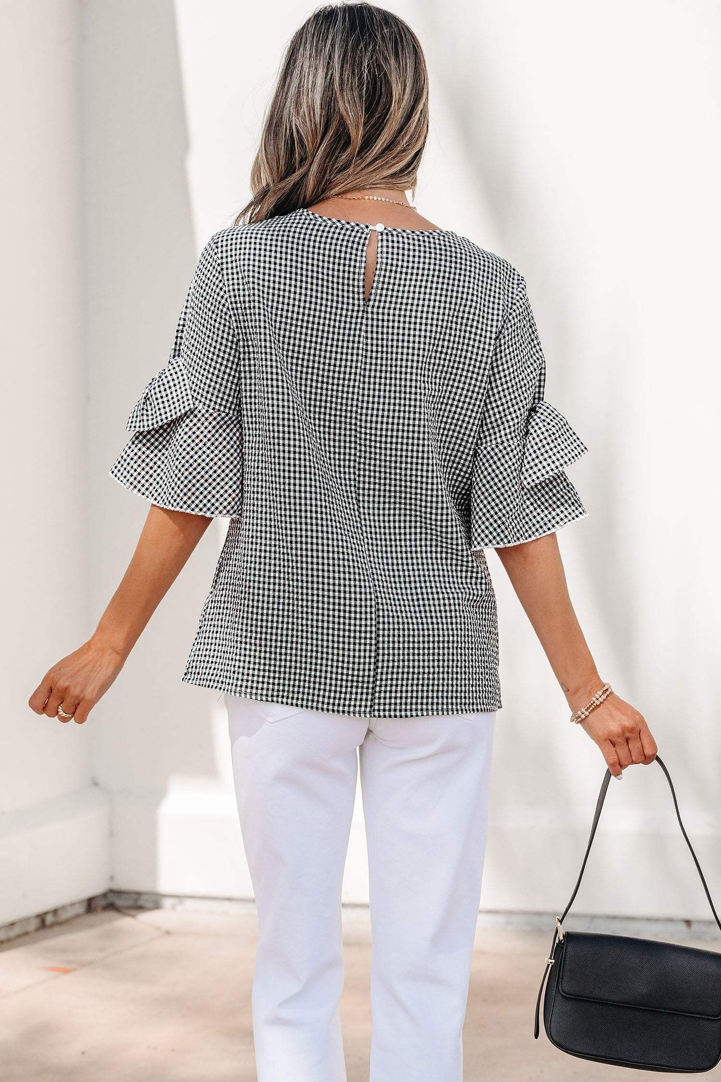 Black Plaid Bow Ruffled Half Sleeve Round Neck Blouse