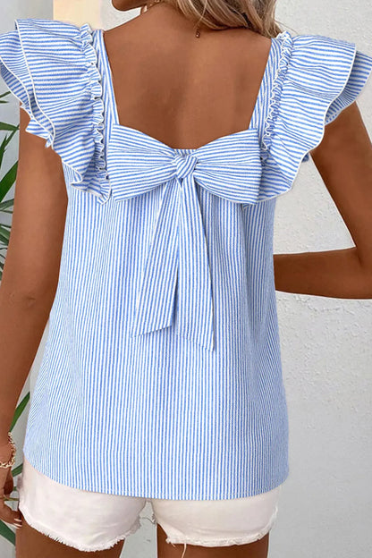 Sky Blue Stripe Square Neck Bow Decor Frilly Ruffled Short Sleeve Blouse - Sweet Fashion Wholesale
