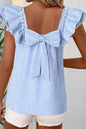 Sky Blue Stripe Square Neck Bow Decor Frilly Ruffled Short Sleeve Blouse - Sweet Fashion Wholesale