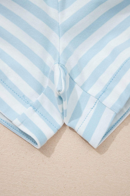 Yellow Stripe Contrast Neck Loose Tee and Drawstring Shorts Set