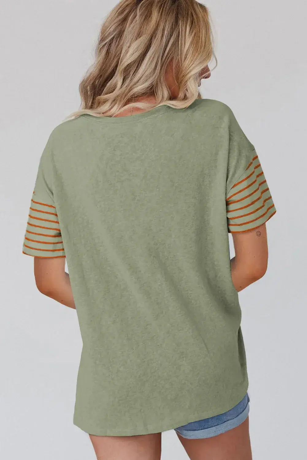 Laurel Green Color Block Striped Detail Loose T Shirt - Sweet Fashion Wholesale