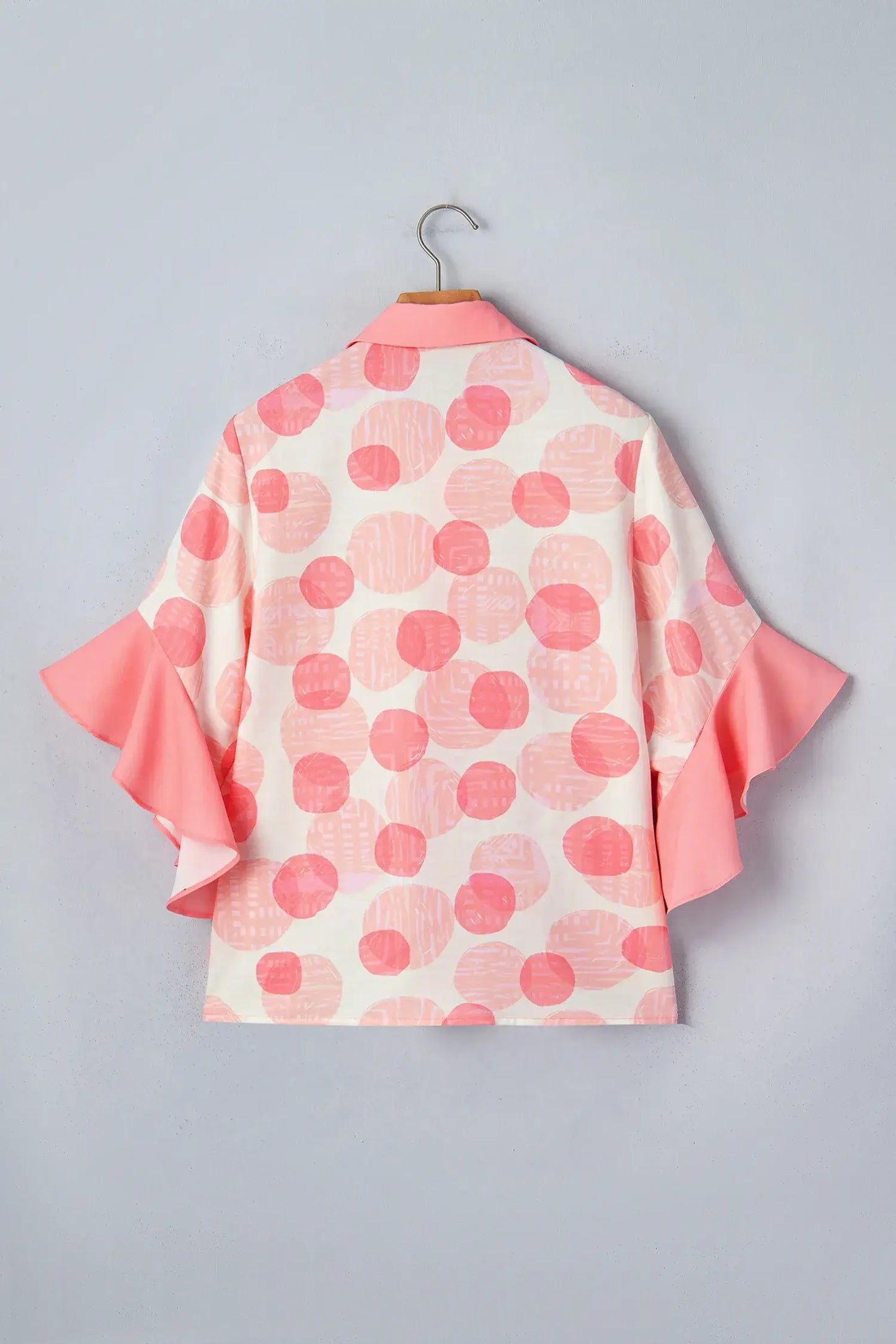 Pink Double Polka Dot Printed Ruffle Trim Short Sleeve Babydoll Shirt - Sweet Fashion Wholesale