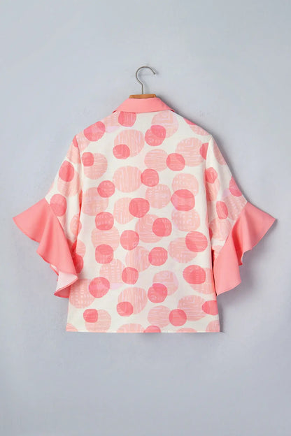 Pink Double Polka Dot Printed Ruffle Trim Short Sleeve Babydoll Shirt - Sweet Fashion Wholesale